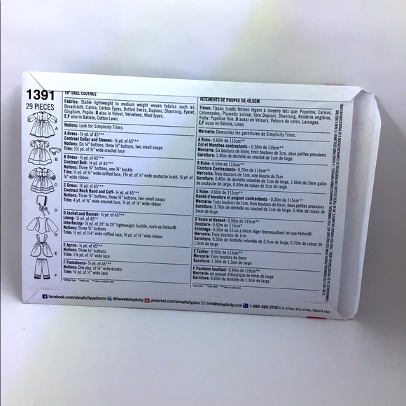 SIMPLICITY Pattern #1391 - 18” Doll Clothes - Picture 2 of 8